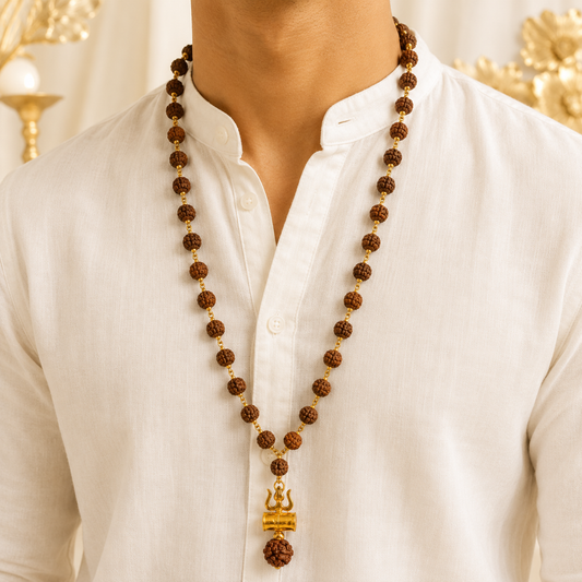 Original 5 Mukhi Rudraksha Mala with Brass Capping and Trishul Damru Pendent
