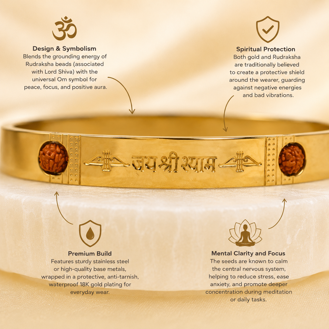 The Resilience Kada ( 18 K Gold Plated ) - Rudraksha