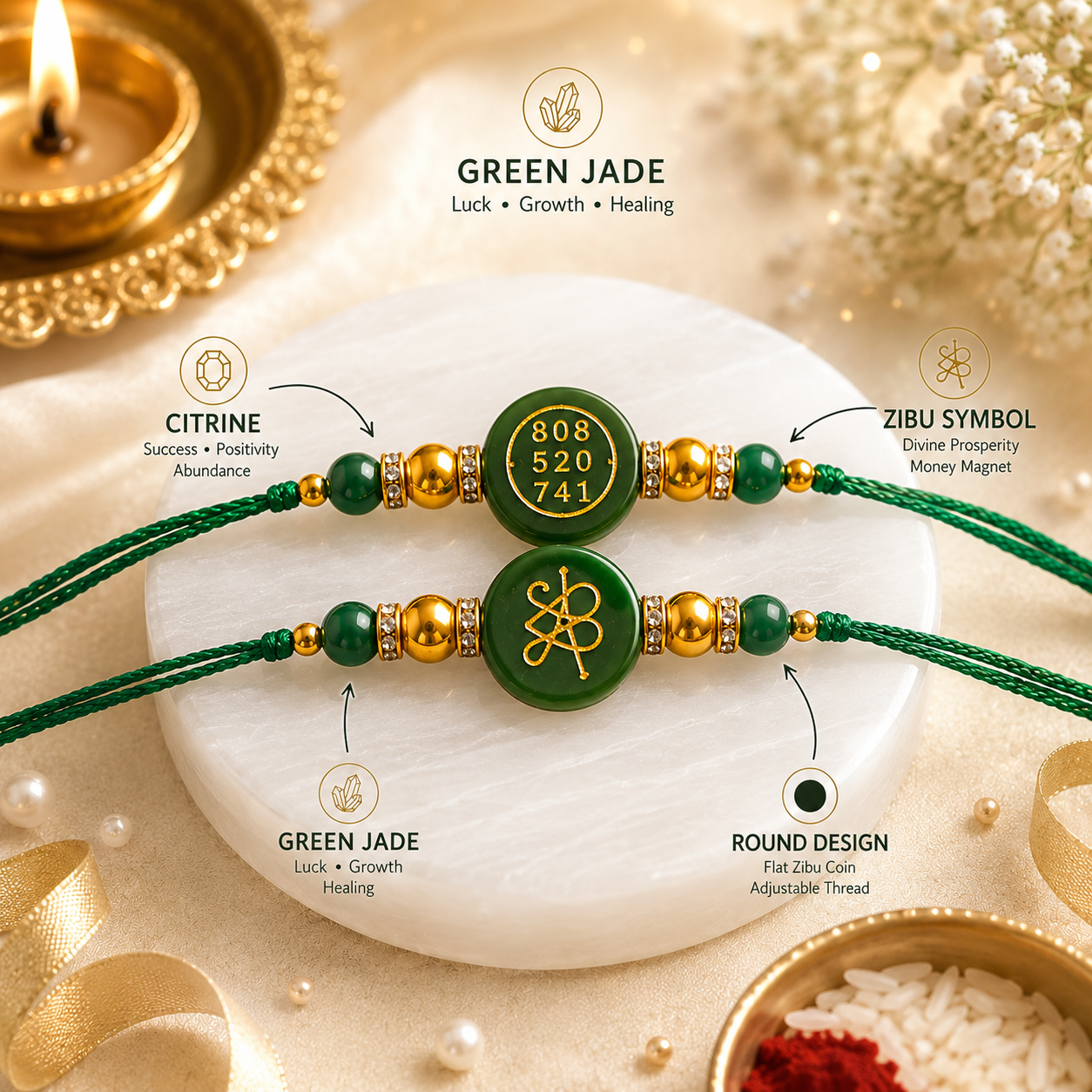 GREEN ZADE ROUND ZIBU RAKHI ( BUY 1 GET 1 FREE )