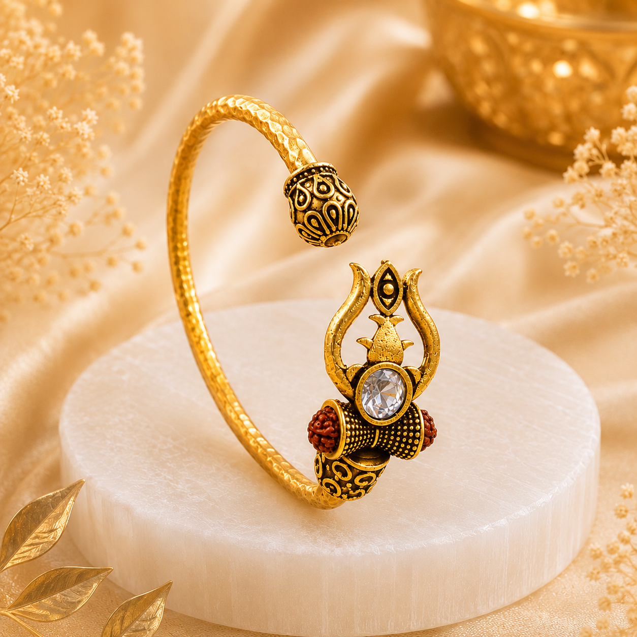 Trident Kada (Gold Plated) - Trishul Damru Kada with 5 Mukhi Rudraksha Beads - (𝐁𝐮𝐲𝟏 𝐆𝐞𝐭𝟏 𝐅𝐫𝐞𝐞)