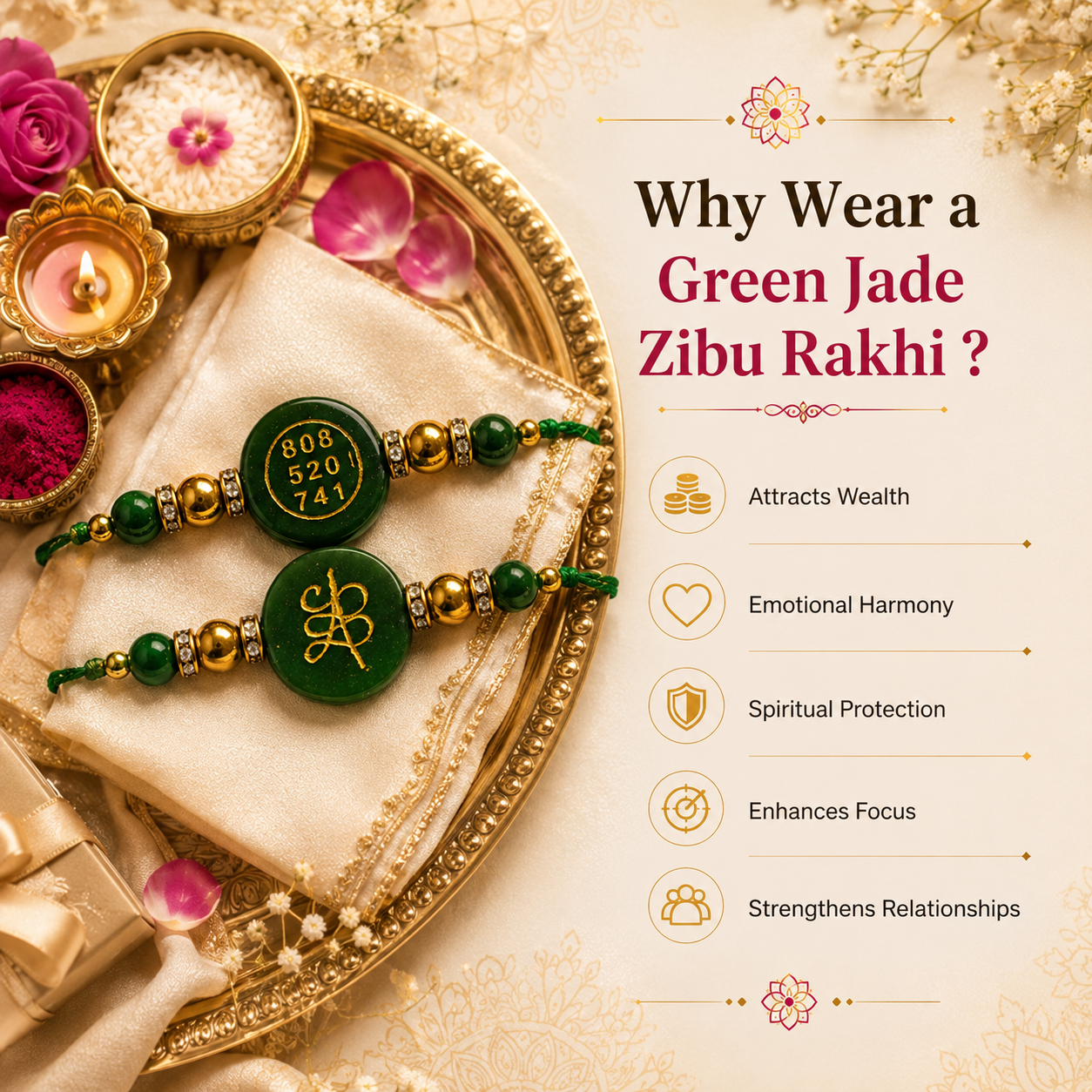 GREEN ZADE ROUND ZIBU RAKHI ( BUY 1 GET 1 FREE )