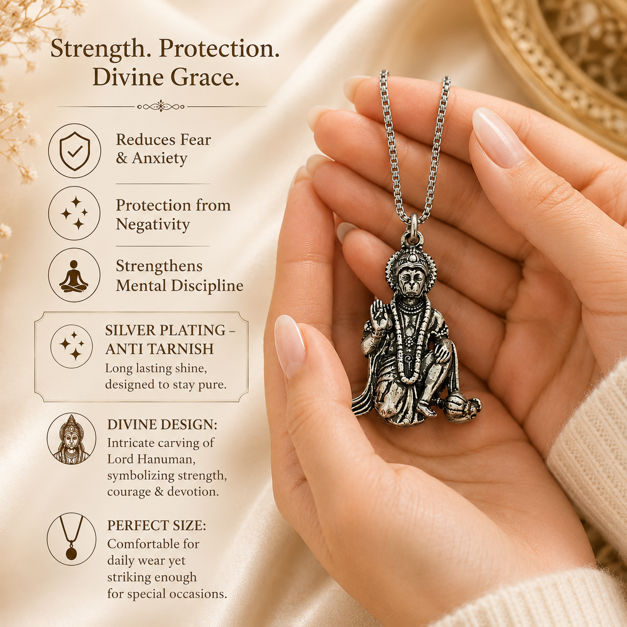 Bajrang Bali Locket with Chain — Silver Finish - (SALE - Buy 1 Get 1)