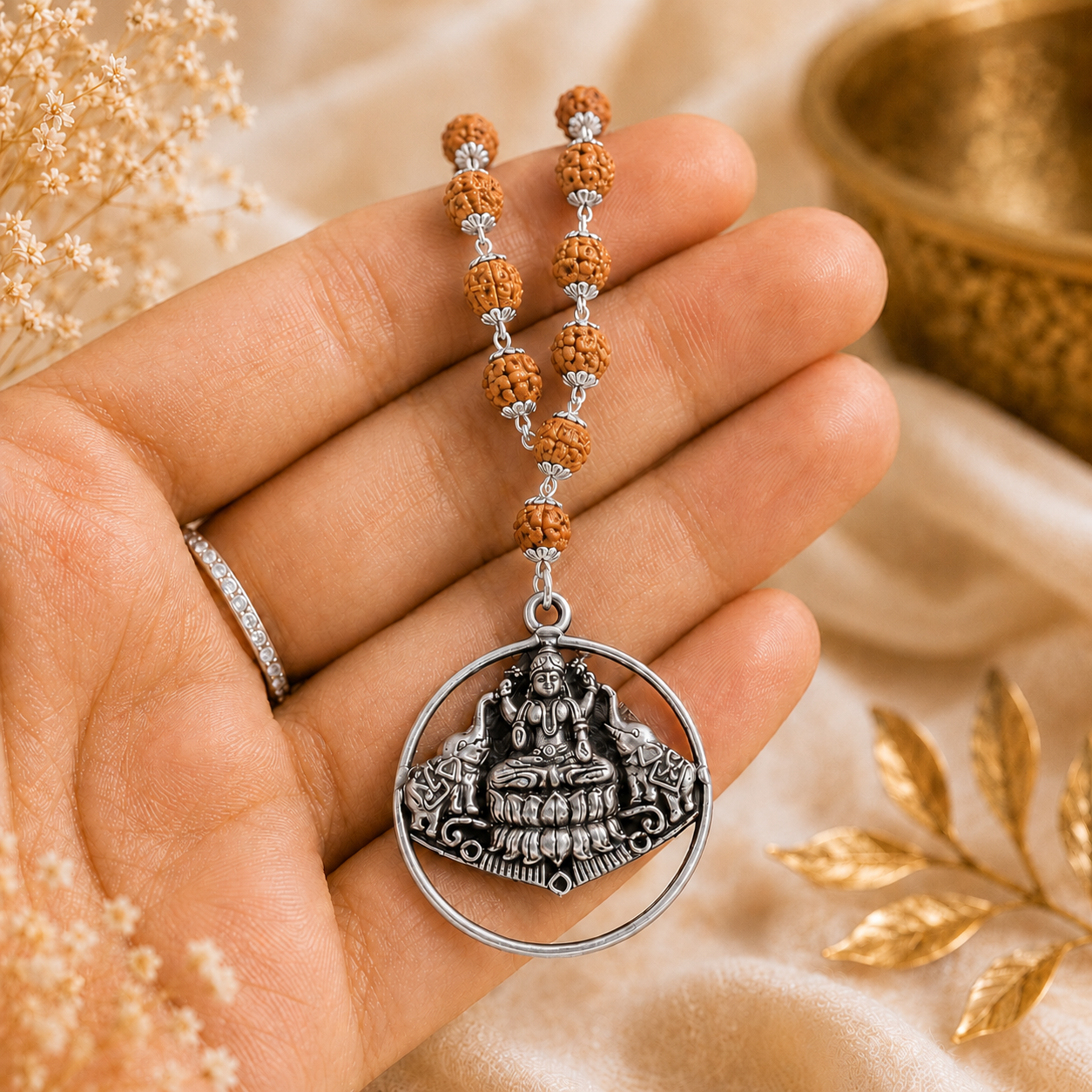 Gaja Lakshmi Locket with 5 Mukhi Rudraksha Mala – Silver Capped
