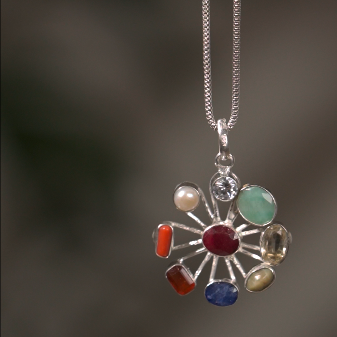 Navratan Locket in Pure Silver