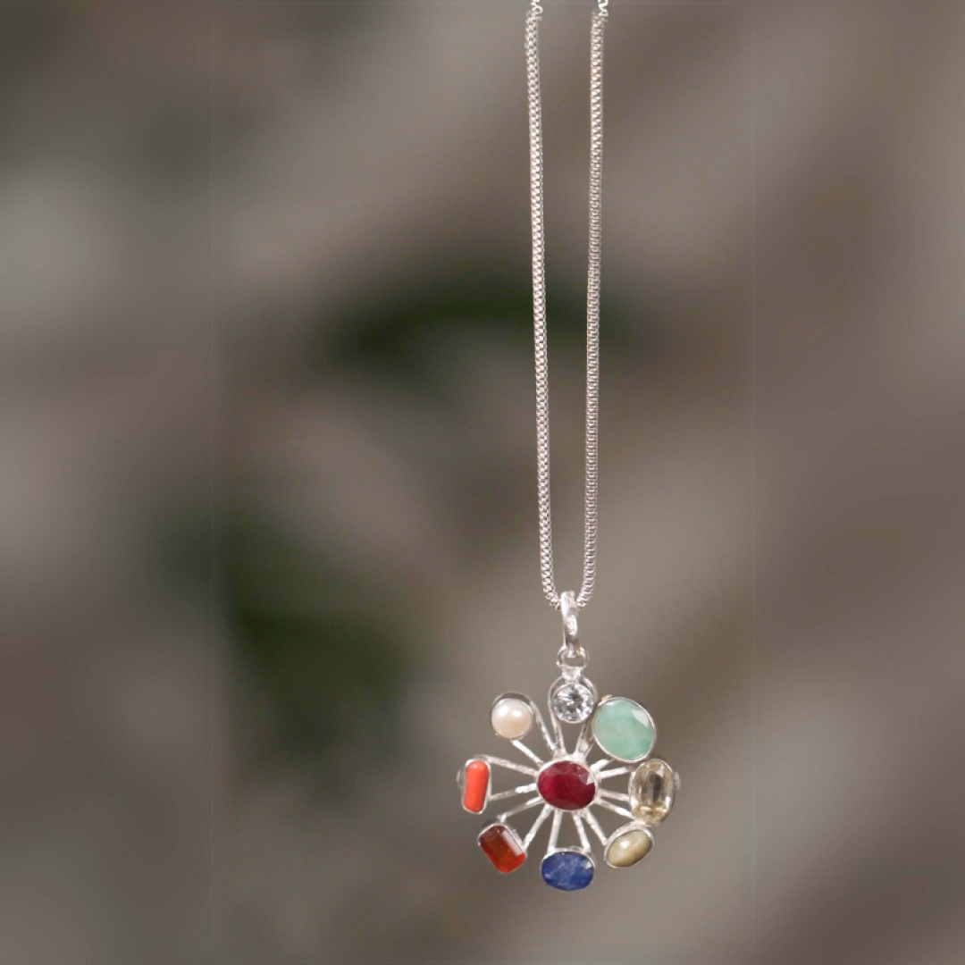 Navratan Locket in Pure Silver