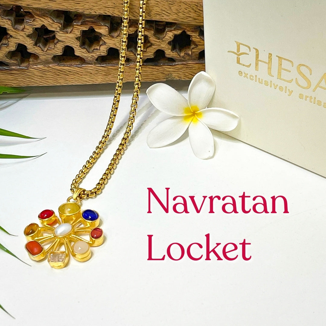 Navratan Locket with Chain (22K Gold Plated) - (Buy 1 Get 1)