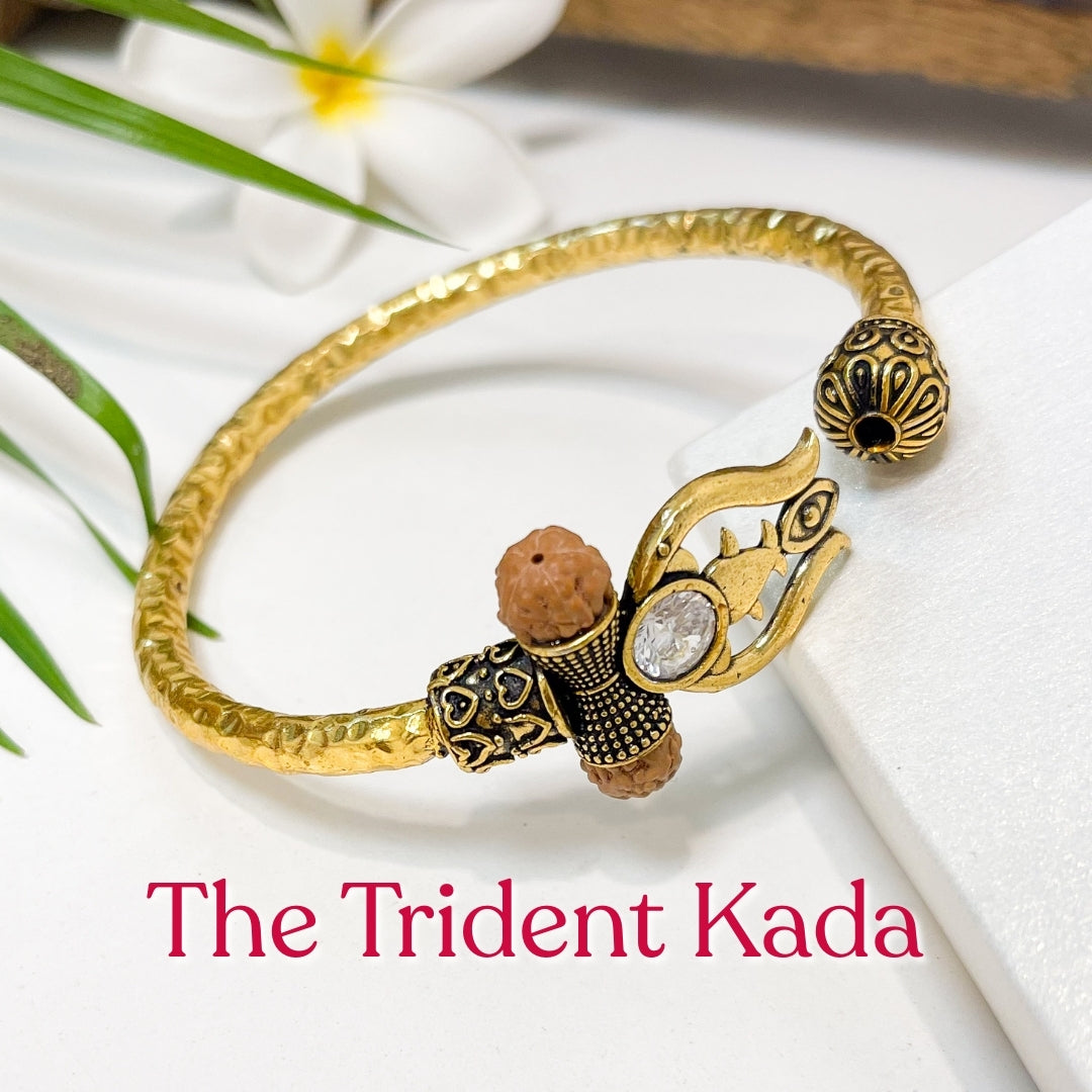 Trident Kada (Gold Plated) - Trishul Damru Kada with 5 Mukhi Rudraksha Beads - Buy 1 Get 1