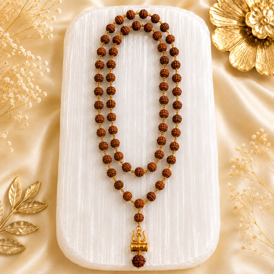 Original 5 Mukhi Rudraksha Mala with Brass Capping and Trishul Damru Pendent