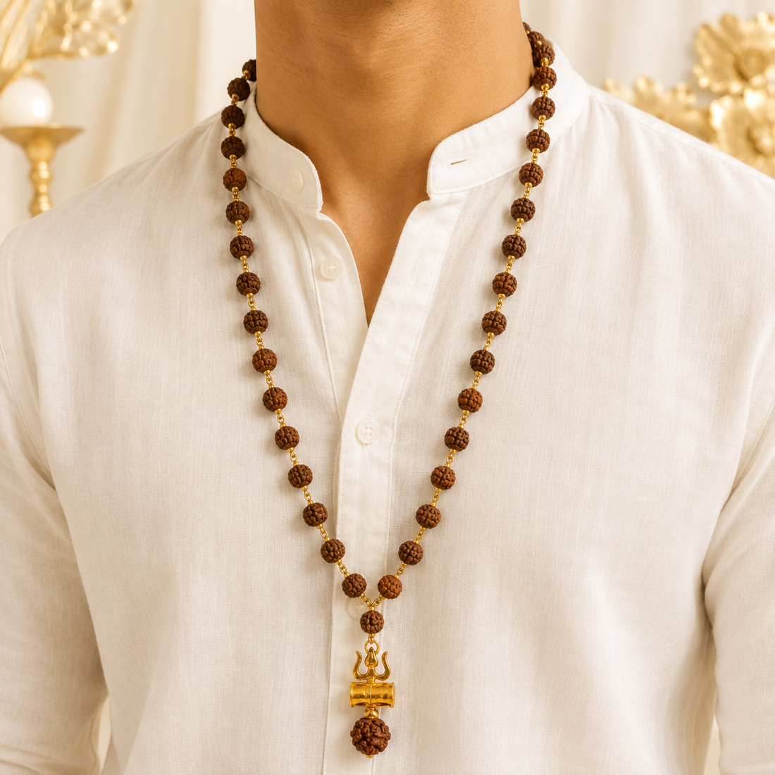 Original 5 Mukhi Rudraksha Mala with Brass Capping and Trishul Damru Pendent