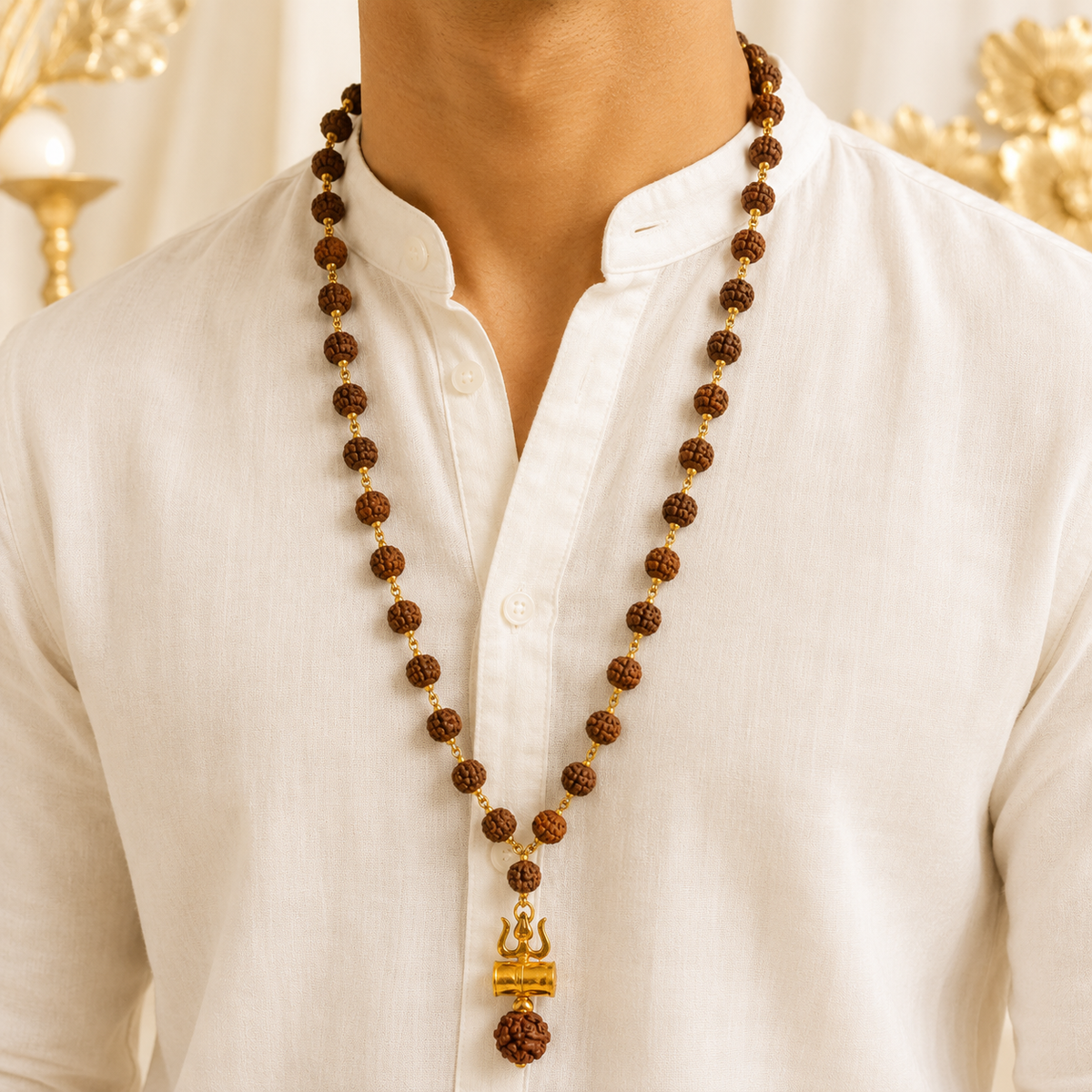 Original 5 Mukhi Rudraksha Mala with Brass Capping and Trishul Damru Pendent