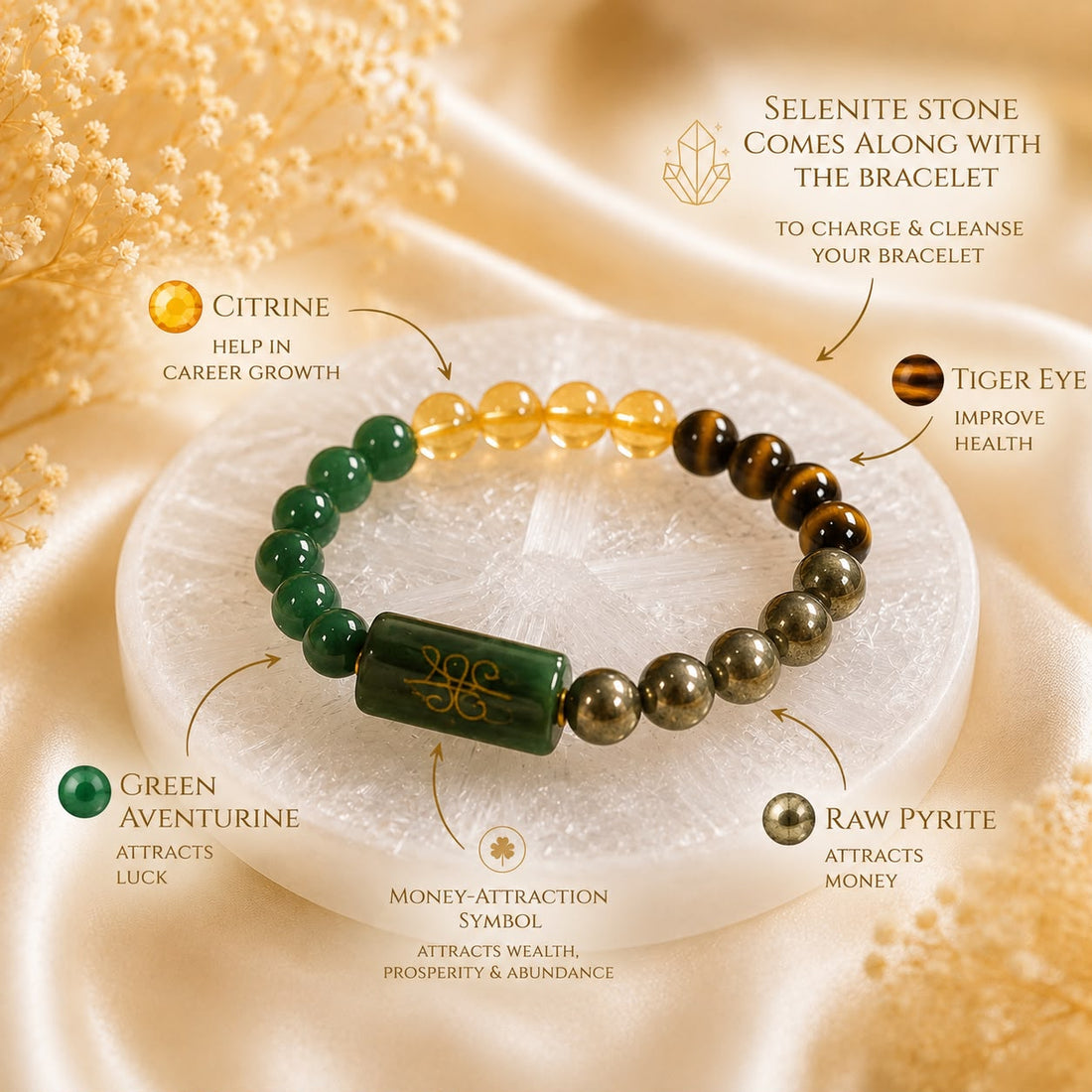 Money Magnet Crystal Bracelet with Free Selenite Charging Plate