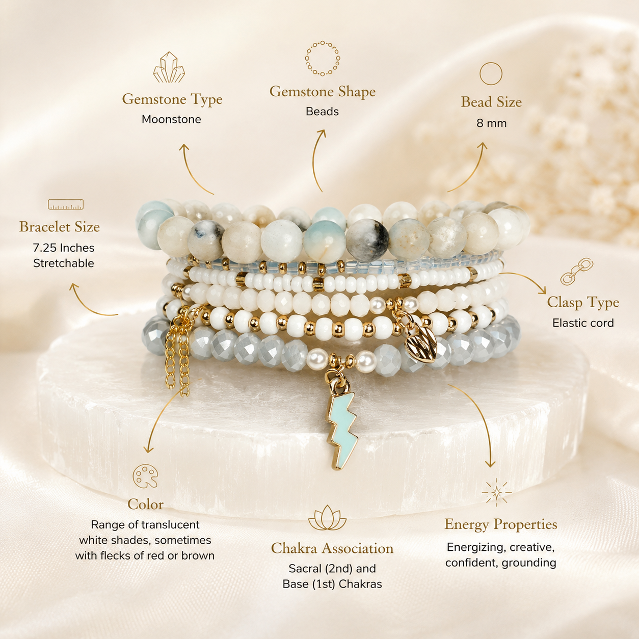 The Calming Energy Stack - Moonstone ( Set of 6 Bracelets )