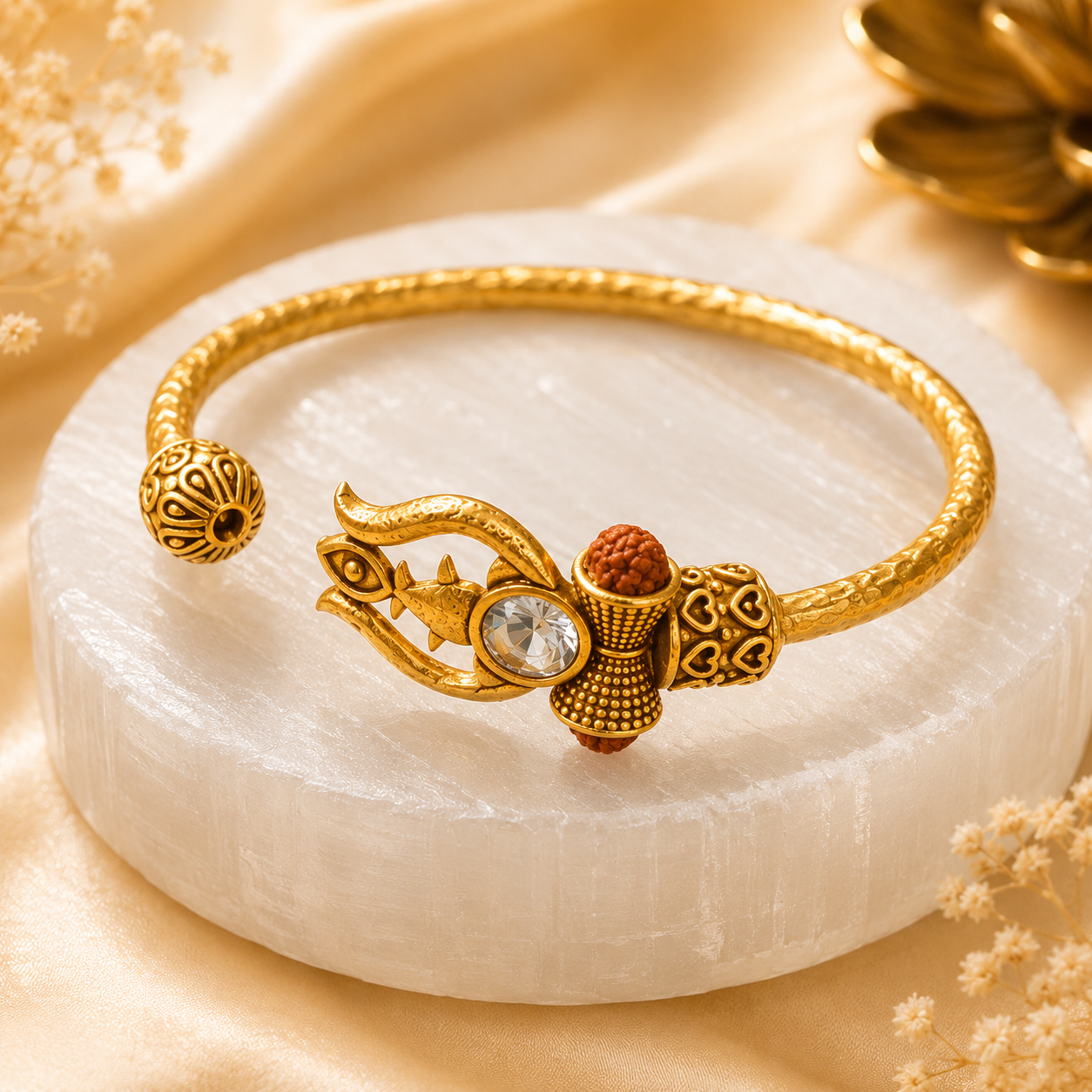 Trident Kada (Gold Plated) - Trishul Damru Kada with 5 Mukhi Rudraksha Beads - (𝐁𝐮𝐲𝟏 𝐆𝐞𝐭𝟏 𝐅𝐫𝐞𝐞)