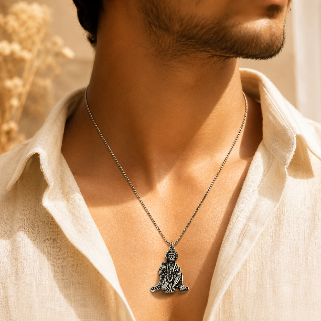 Bajrang Bali Locket with Chain — Silver Finish - (SALE - Buy 1 Get 1)