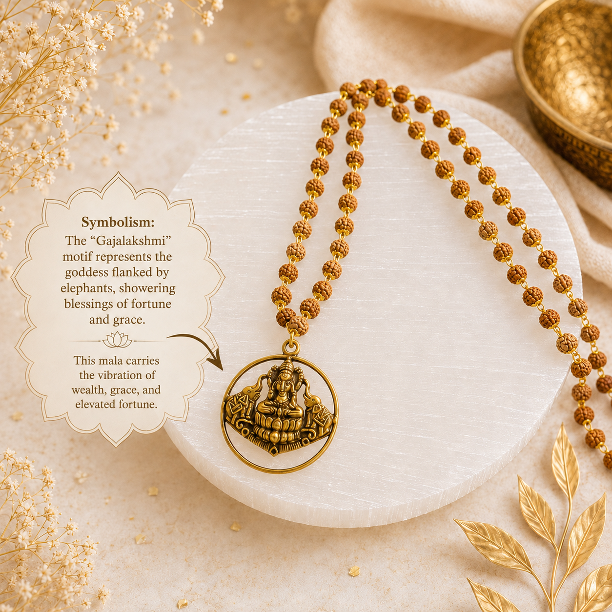 Gaja Lakshmi Divine Locket with 5 Mukhi Rudraksha Mala – Gold Capped