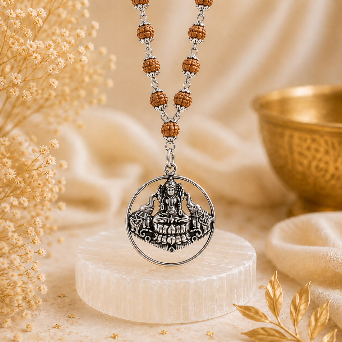 Gaja Lakshmi Locket with 5 Mukhi Rudraksha Mala – Silver Capped