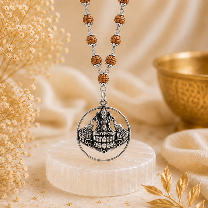 Gaja Lakshmi Locket with 5 Mukhi Rudraksha Mala – Silver Capped