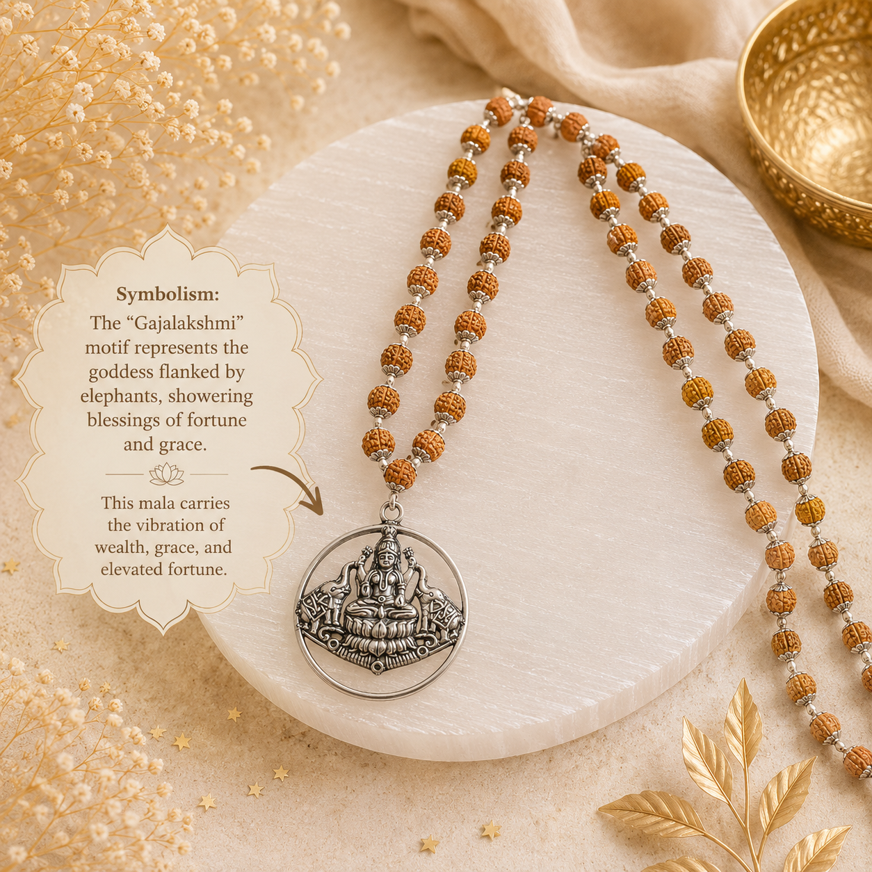 Gaja Lakshmi Locket with 5 Mukhi Rudraksha Mala – Silver Capped