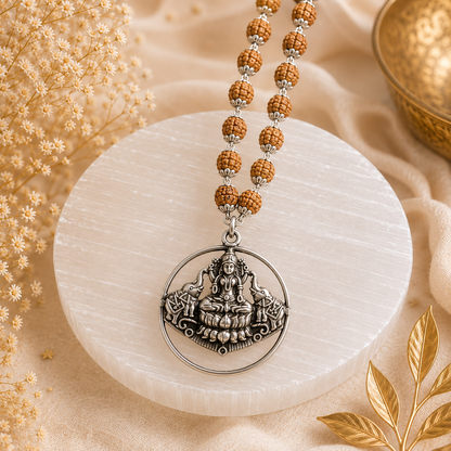 Gaja Lakshmi Locket with 5 Mukhi Rudraksha Mala – Silver Capped