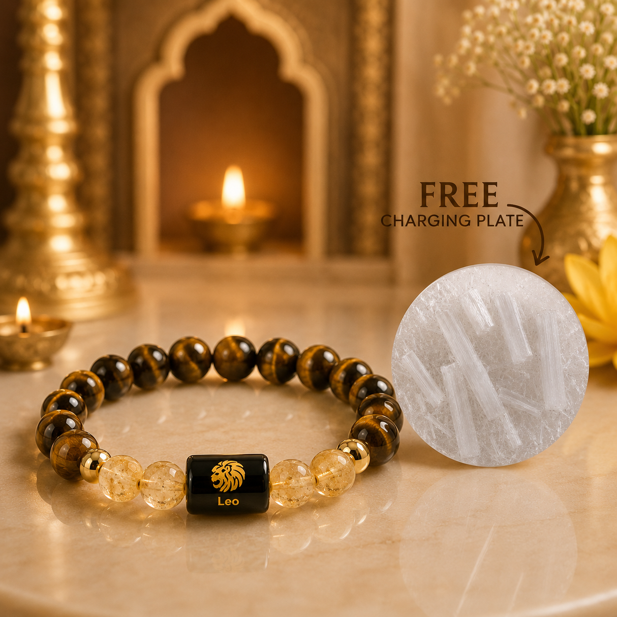 Leo Zodiac Bracelet With selenite charging plate