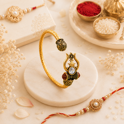 Trident Kada (Gold Plated) - Trishul Damru Kada with 5 Mukhi Rudraksha Beads - (𝐁𝐮𝐲𝟏 𝐆𝐞𝐭𝟏 𝐅𝐫𝐞𝐞)