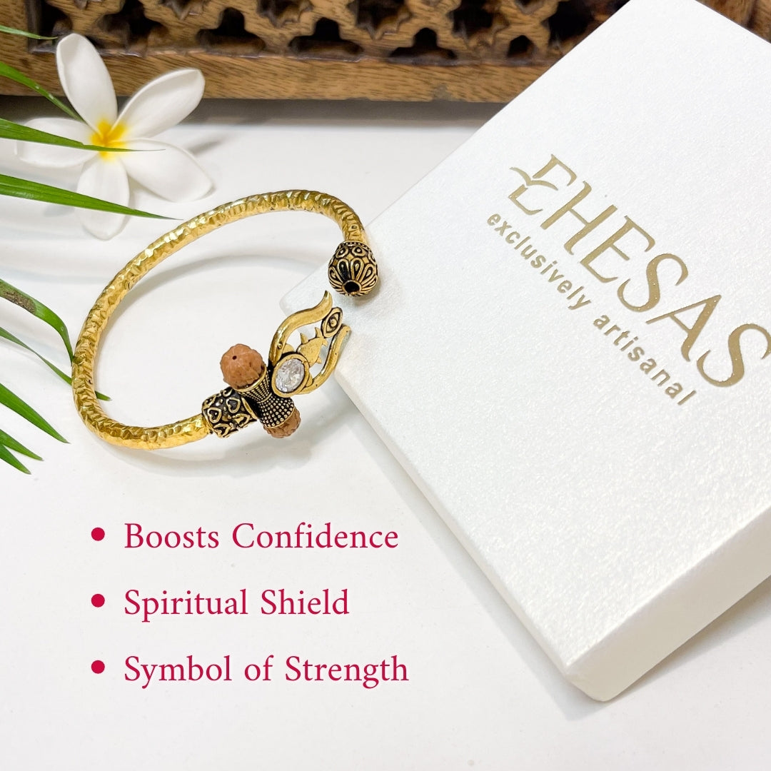 Trident Kada (Gold Plated) - Trishul Damru Kada with 5 Mukhi Rudraksha Beads - Buy 1 Get 1