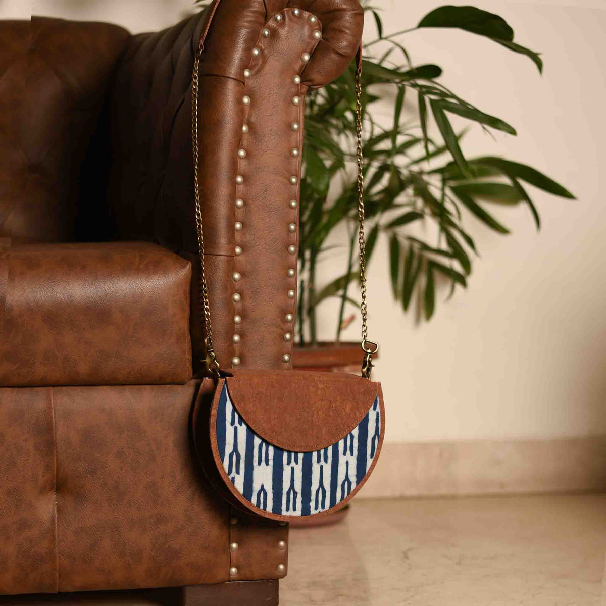 Indigo Fork Dabu Printed and Vegan Leather Moon Sling