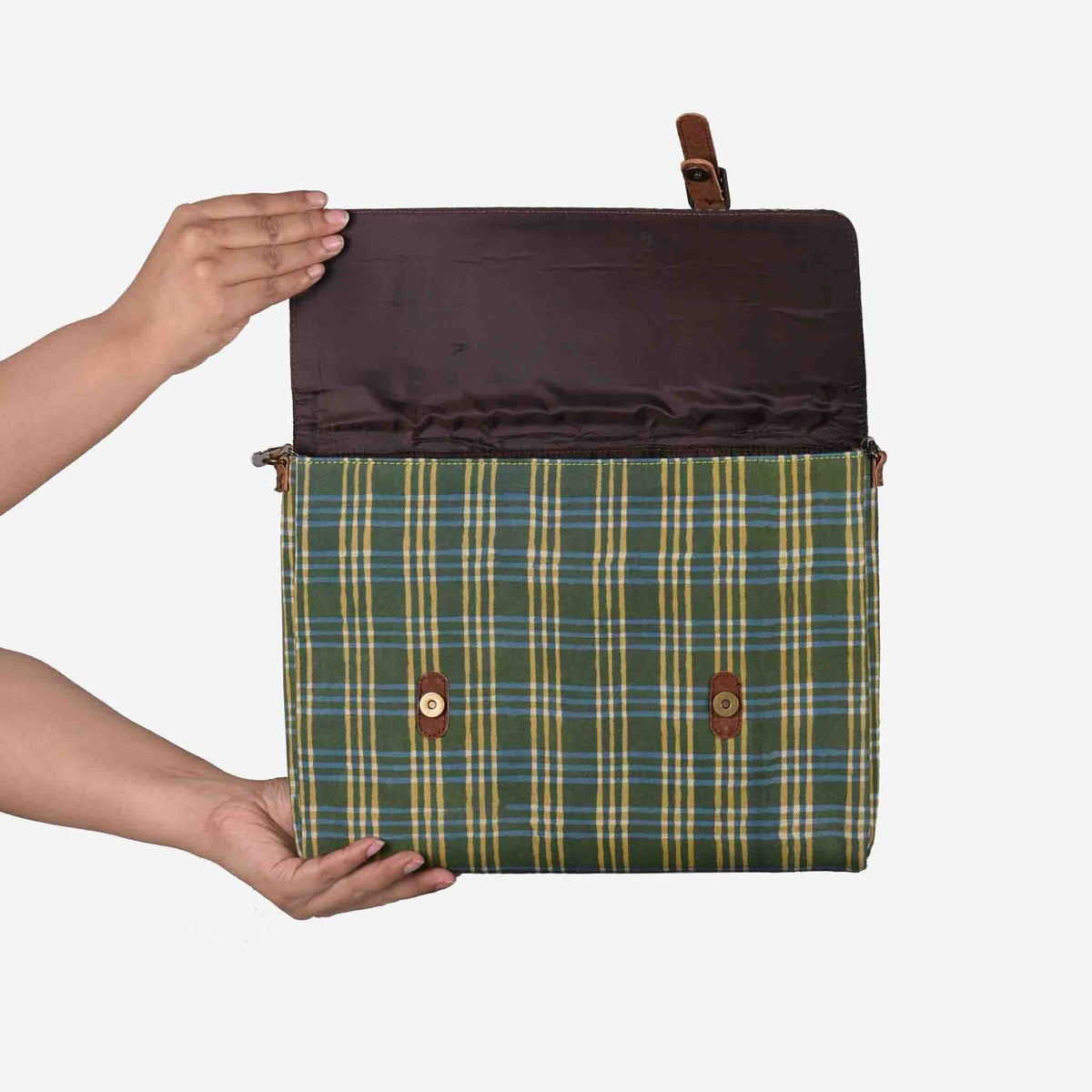 Vegan Leather and Green Dabu Print Canvas Laptop Sleeve