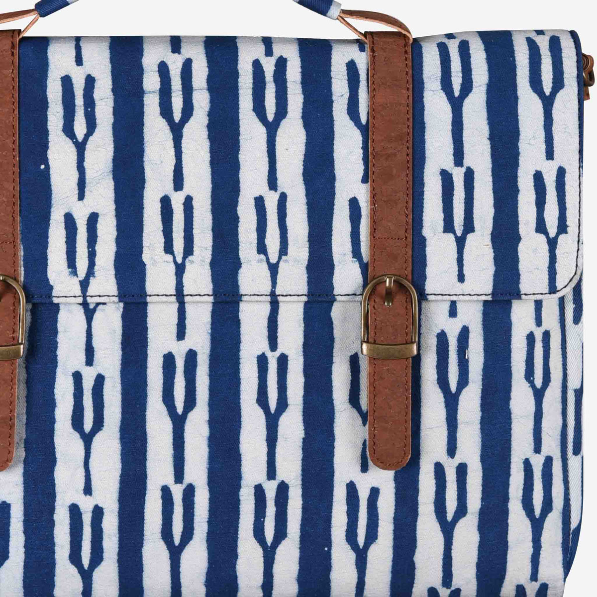 Vegan Leather and Indigo Fork Dabu Print Canvas Laptop Sleeve